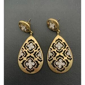 Brushed Gold Tone With Clear Rhinestones Cut Out Tear Drop Dangle Earrings